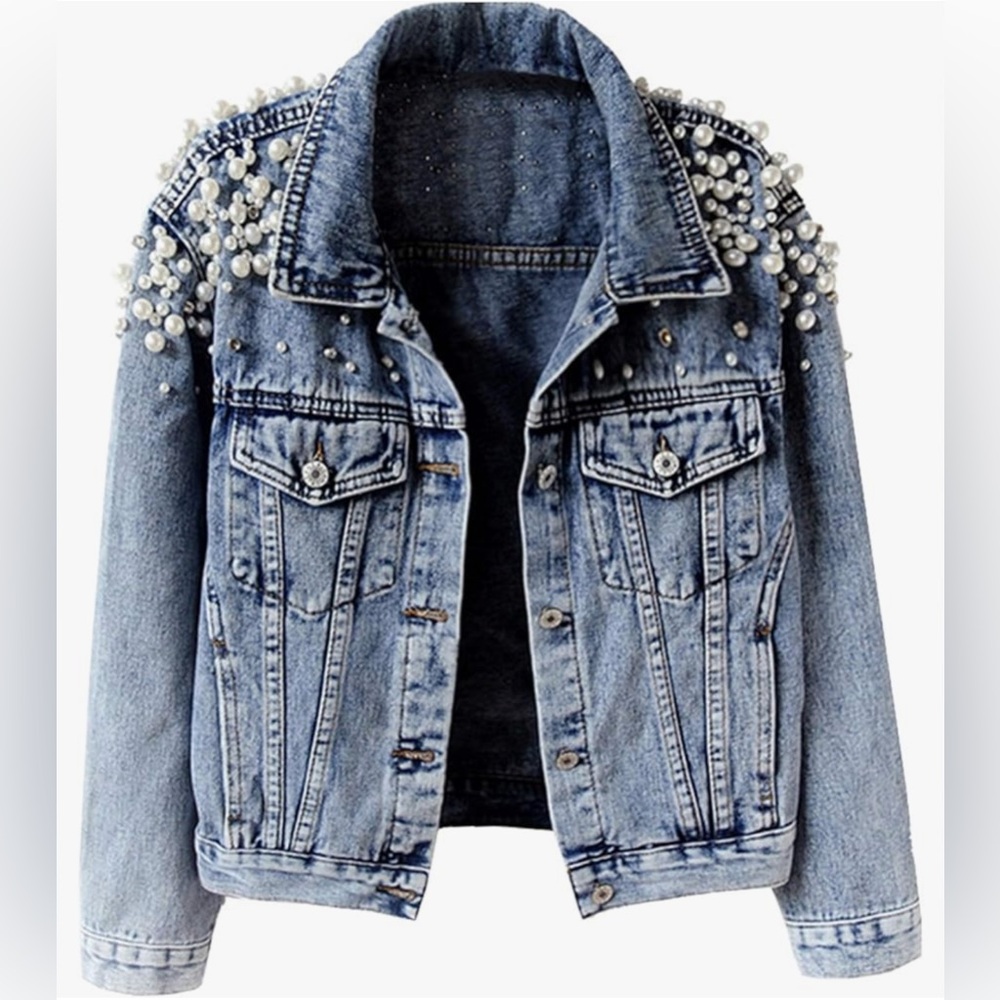 Women's Pearls Beading Denim Jackets Loose Embroidered Short Jean Jacket